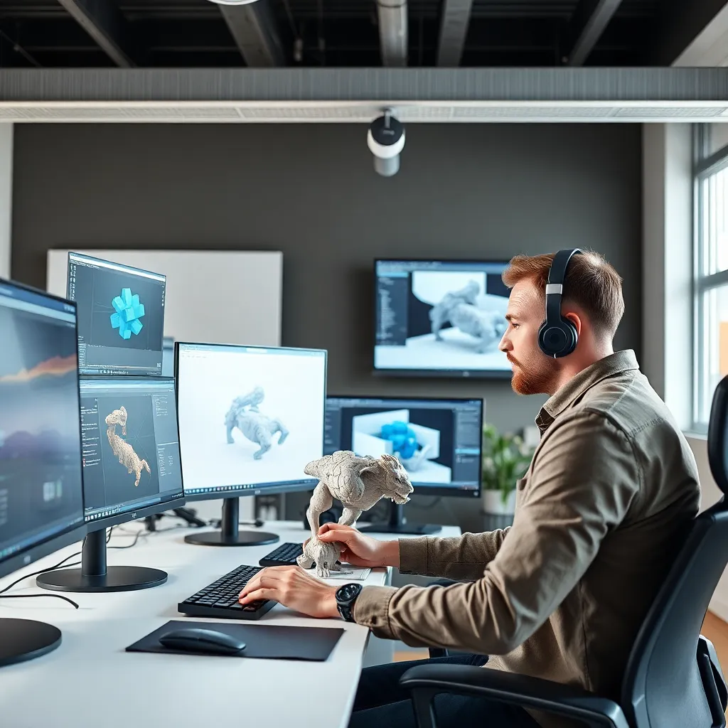 3D-Designer arbeitet an einem komplexen Modell in einem modernen Studio