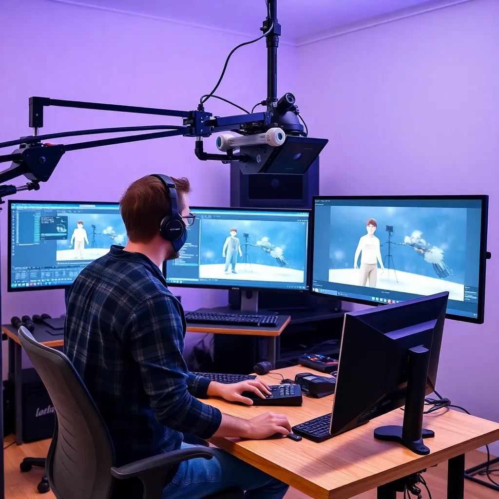 3D-Künstler arbeitet an einem komplexen Polygonmodell in einem Studio