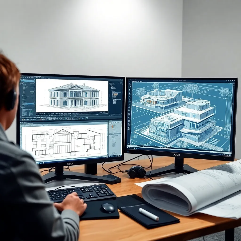 Student lernt 3D-Grundlagen an einem modernen Arbeitsplatz mit zwei Bildschirmen