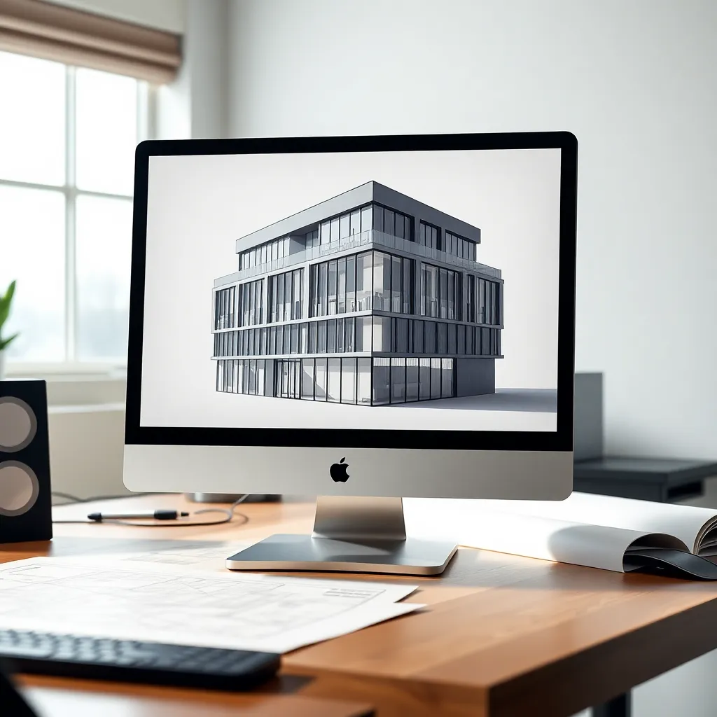 3D-Modell eines modernen Gebäudes mit fotorealistischer Darstellung